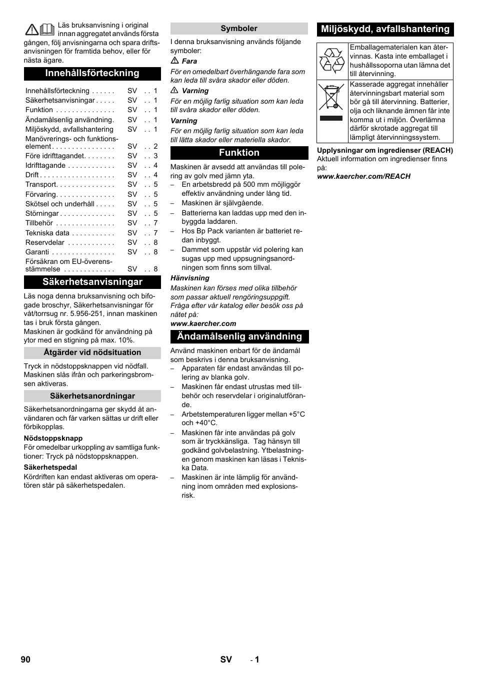 Svenska, Innehållsförteckning, Säkerhetsanvisningar | Karcher BDP 50 - 2000 RS Bp Pack User Manual | Page 90 / 236