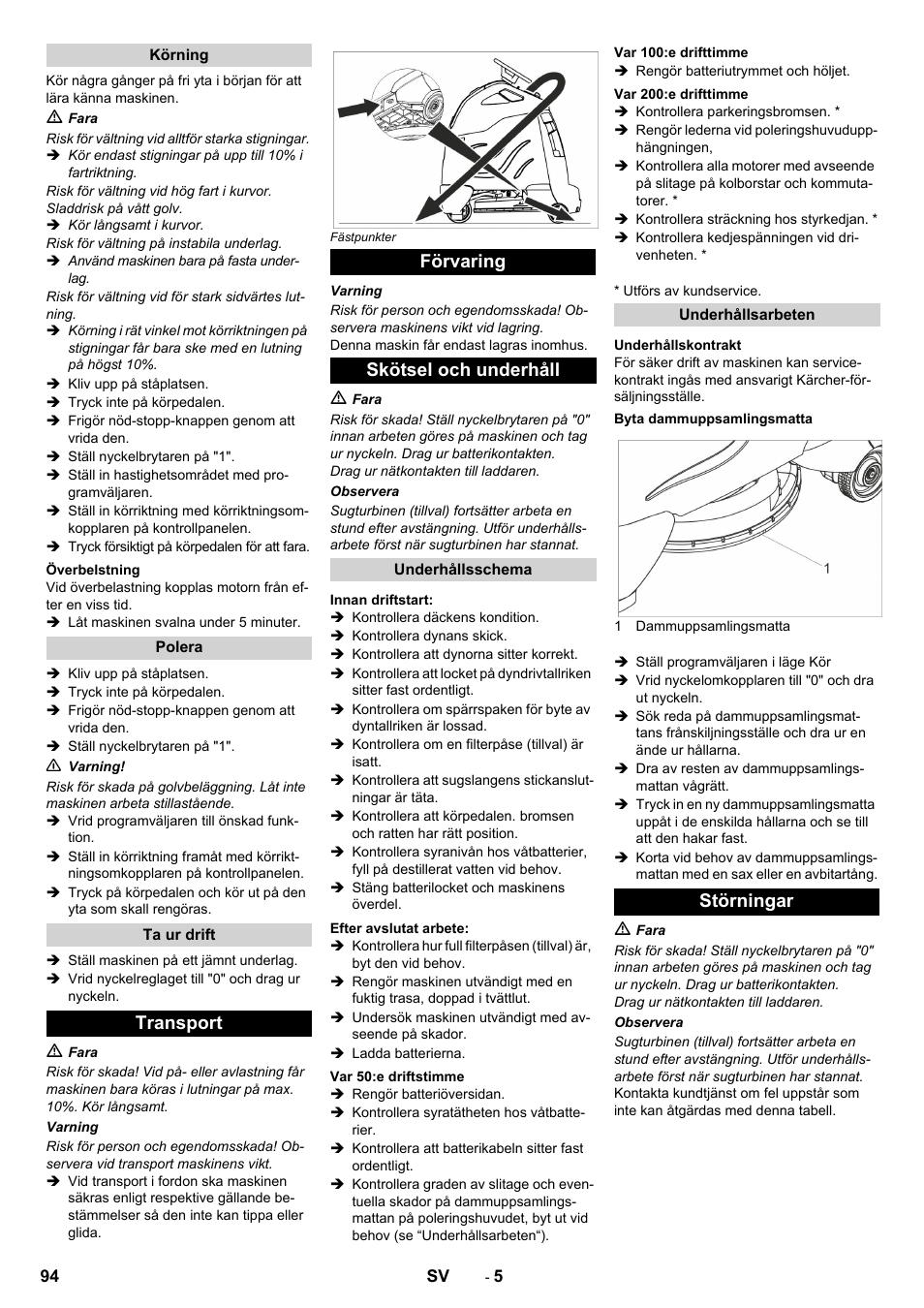 Transport förvaring skötsel och underhåll, Störningar | Karcher BDP 50 - 2000 RS Bp Pack User Manual | Page 94 / 236