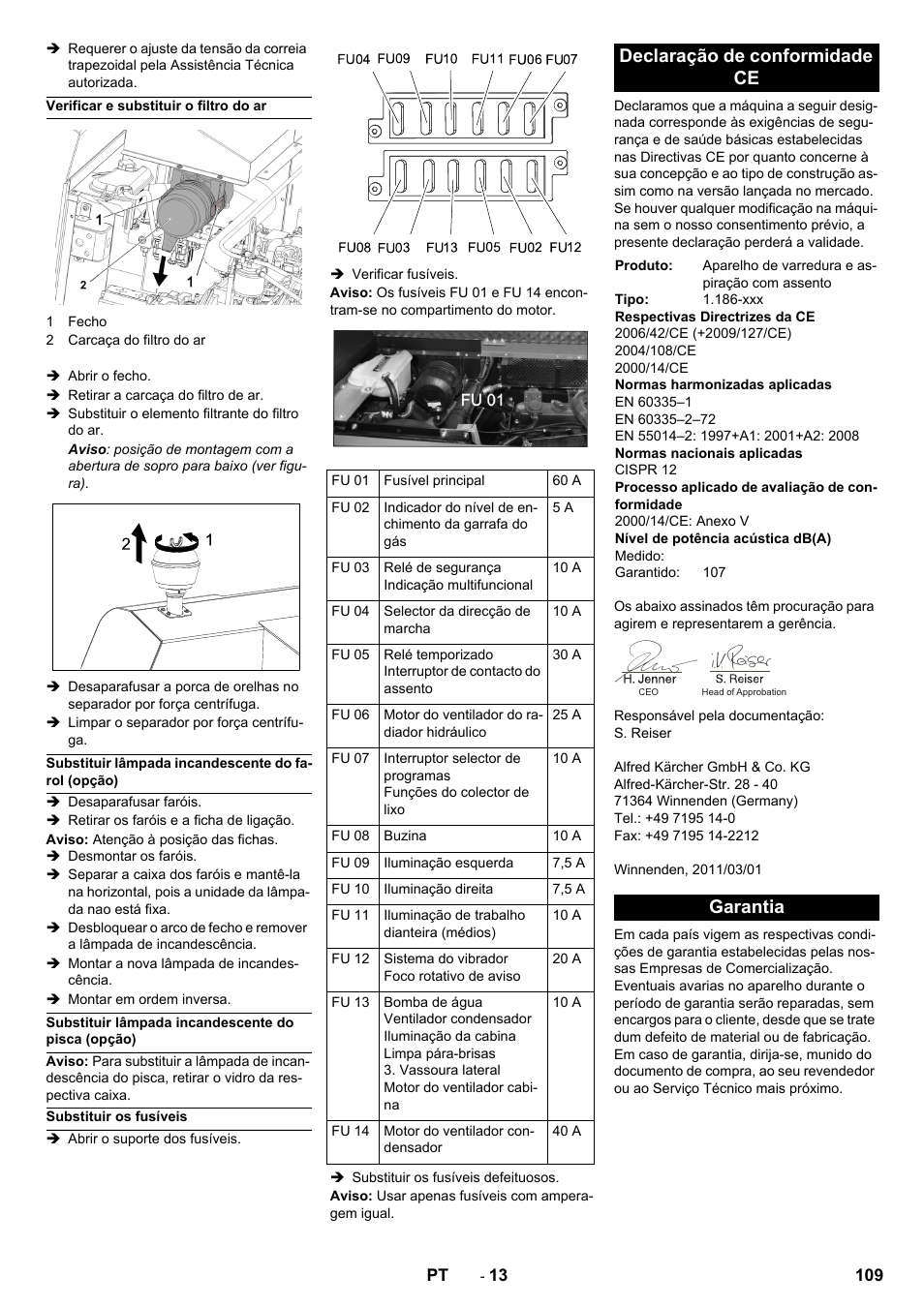 Declaração de conformidade ce, Garantia | Karcher KM 150-500 LPG User Manual | Page 109 / 457