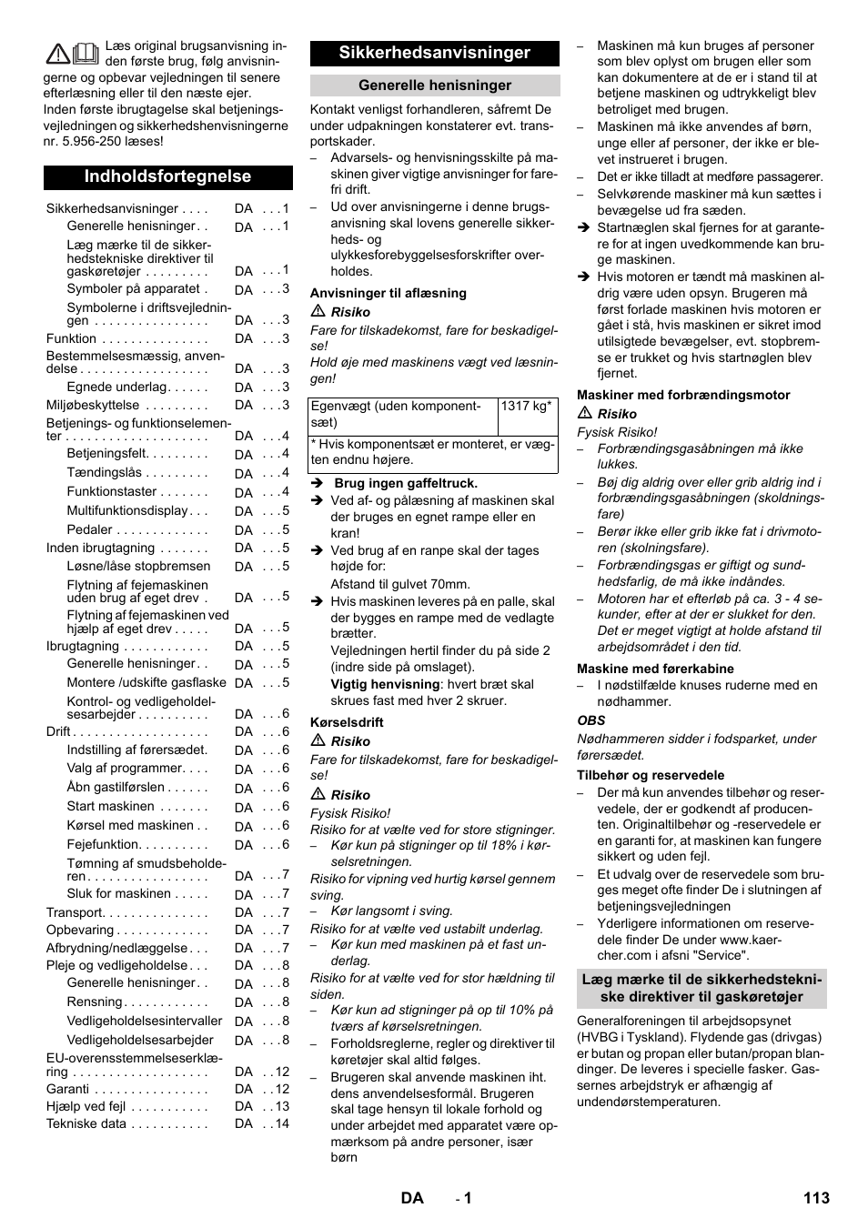 Dansk, Indholdsfortegnelse, Sikkerhedsanvisninger | Karcher KM 150-500 LPG User Manual | Page 113 / 457