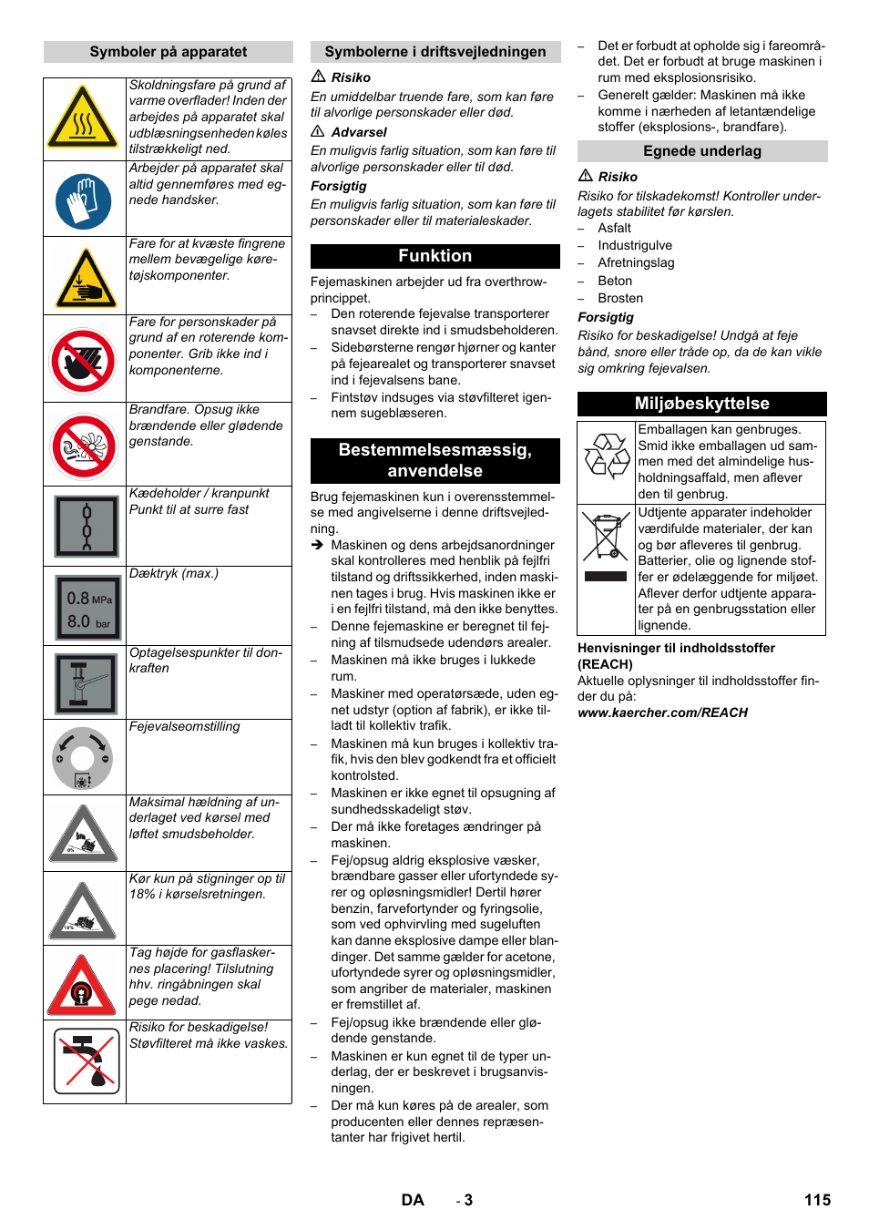 Funktion bestemmelsesmæssig‚ anvendelse, Miljøbeskyttelse | Karcher KM 150-500 LPG User Manual | Page 115 / 457