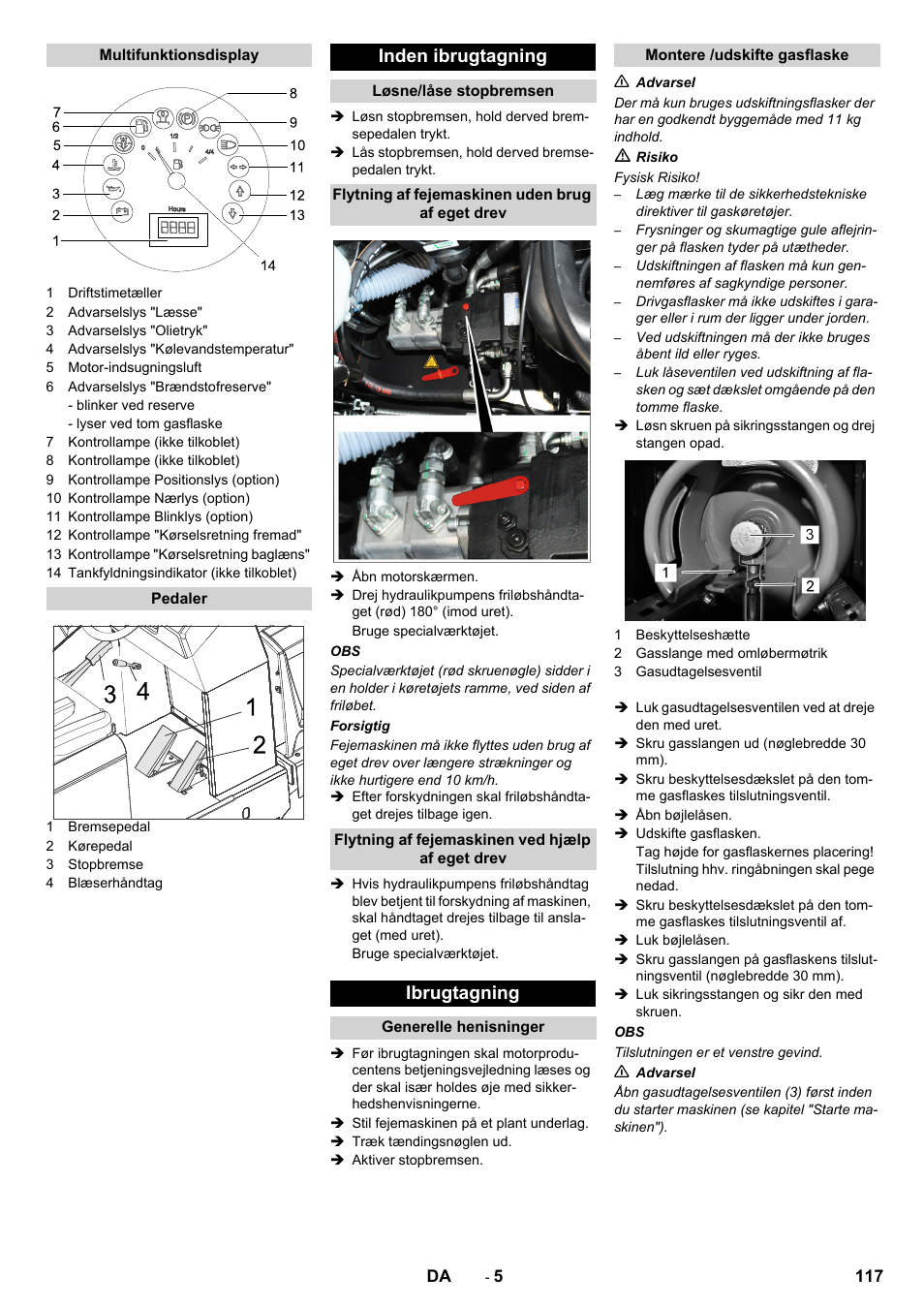 Inden ibrugtagning, Ibrugtagning | Karcher KM 150-500 LPG User Manual | Page 117 / 457