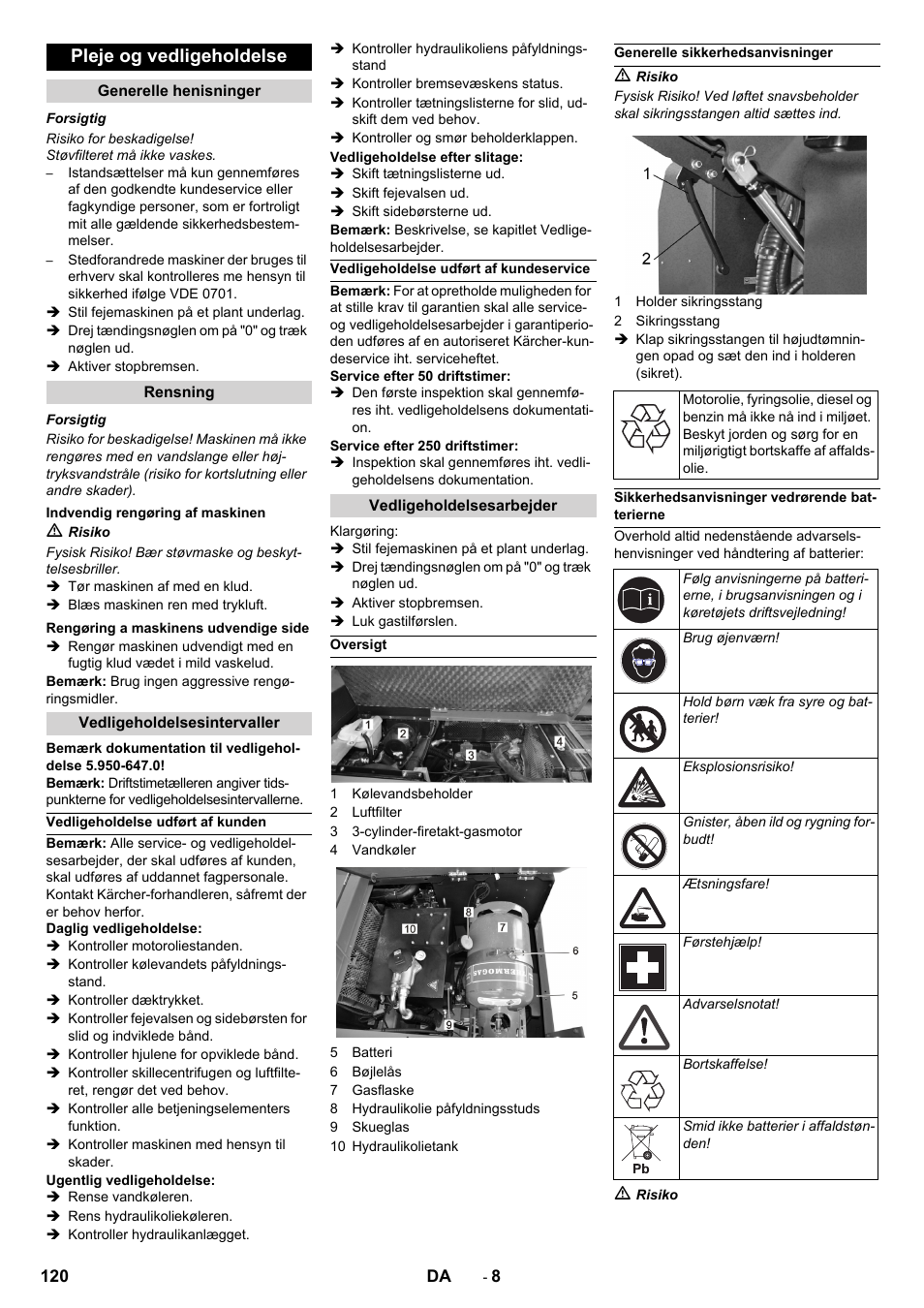 Pleje og vedligeholdelse | Karcher KM 150-500 LPG User Manual | Page 120 / 457