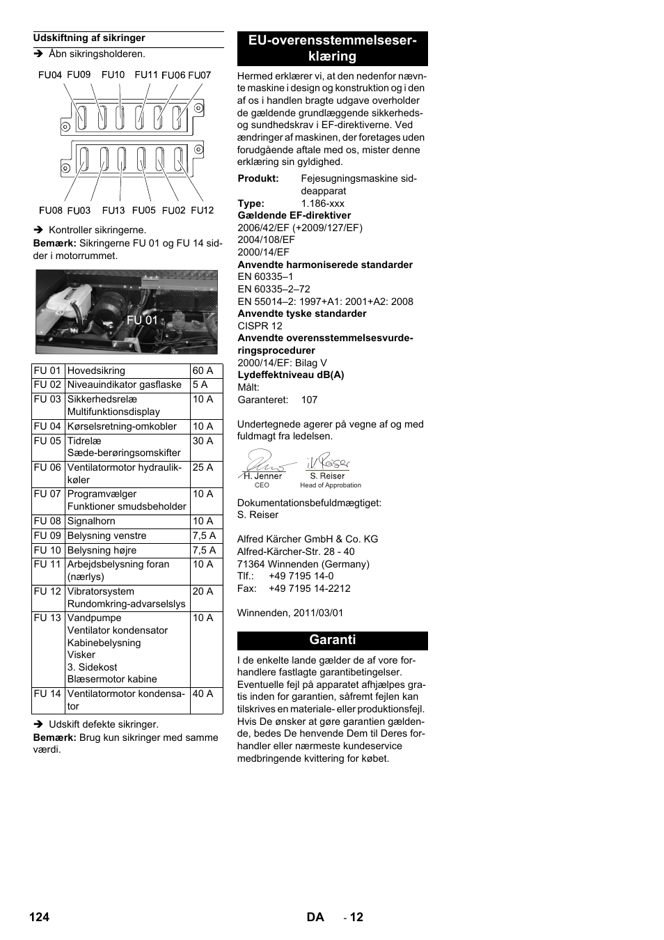 Eu-overensstemmelseser- klæring, Garanti | Karcher KM 150-500 LPG User Manual | Page 124 / 457