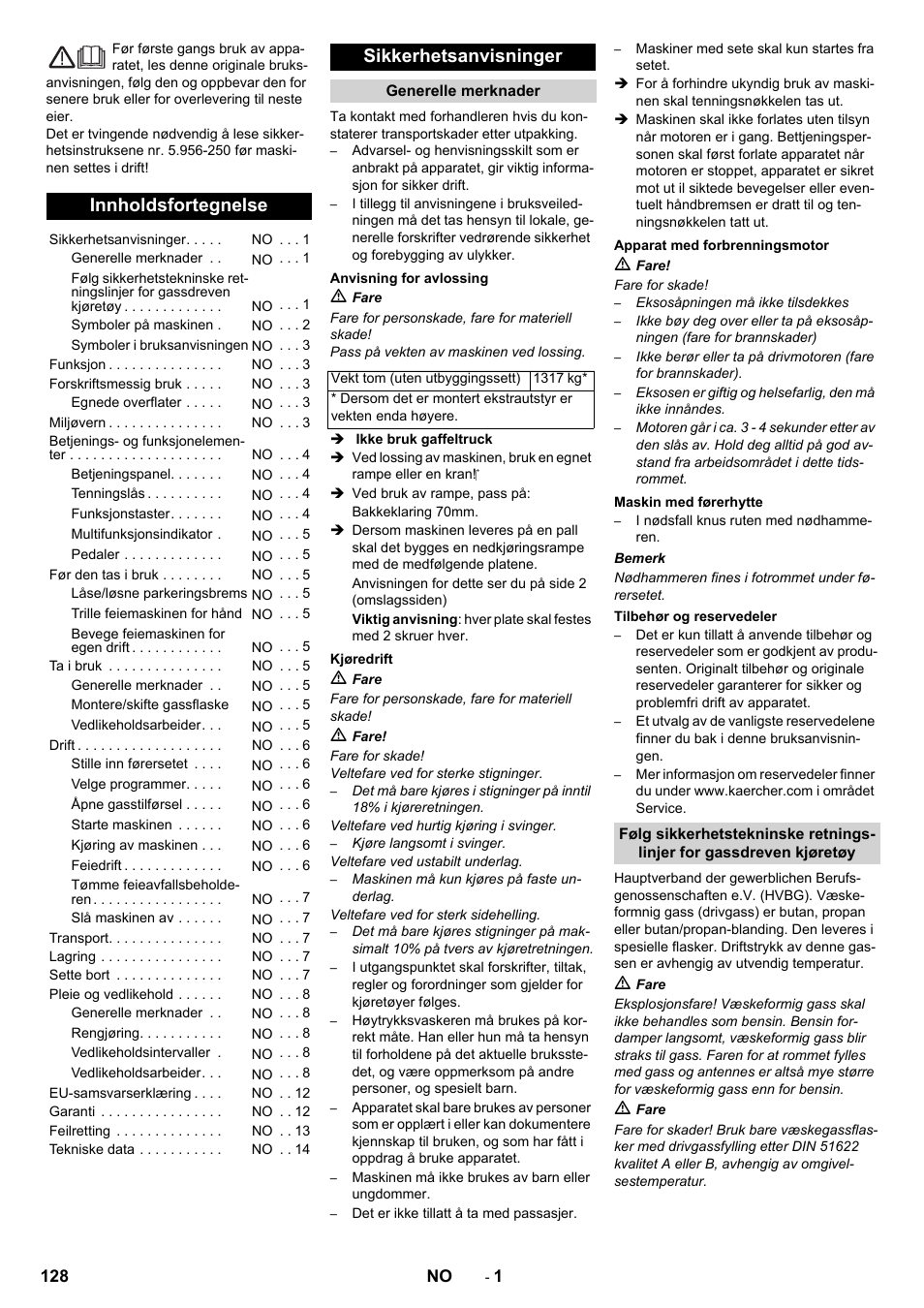 Norsk, Innholdsfortegnelse, Sikkerhetsanvisninger | Karcher KM 150-500 LPG User Manual | Page 128 / 457