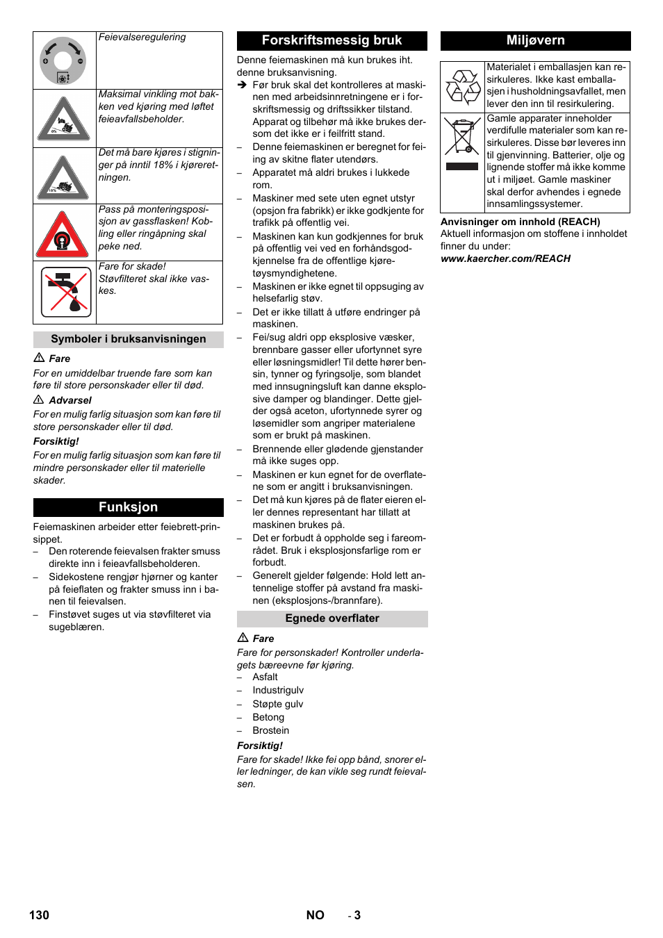 Funksjon forskriftsmessig bruk, Miljøvern | Karcher KM 150-500 LPG User Manual | Page 130 / 457