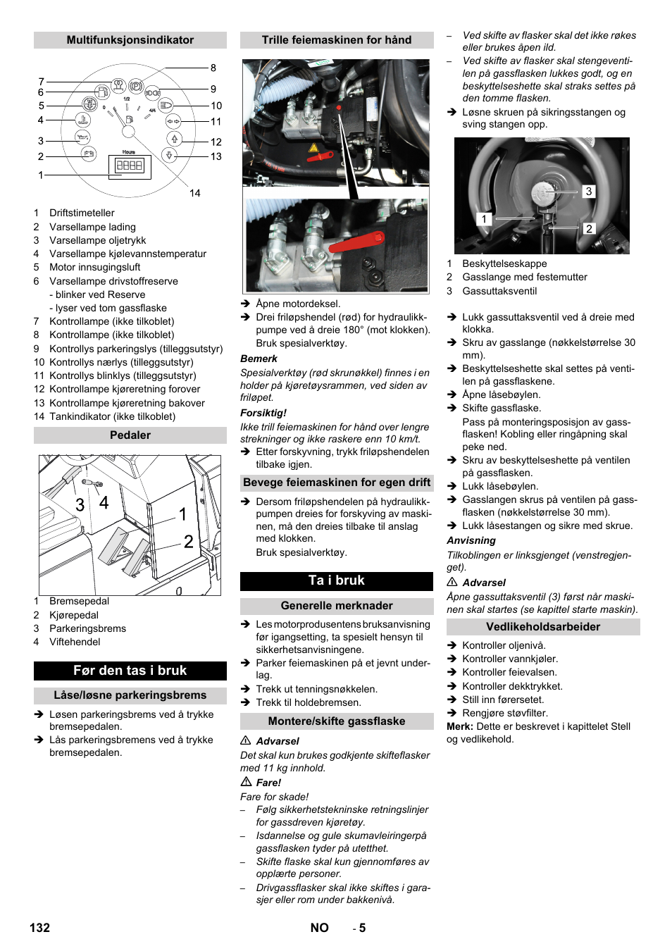 Før den tas i bruk, Ta i bruk | Karcher KM 150-500 LPG User Manual | Page 132 / 457