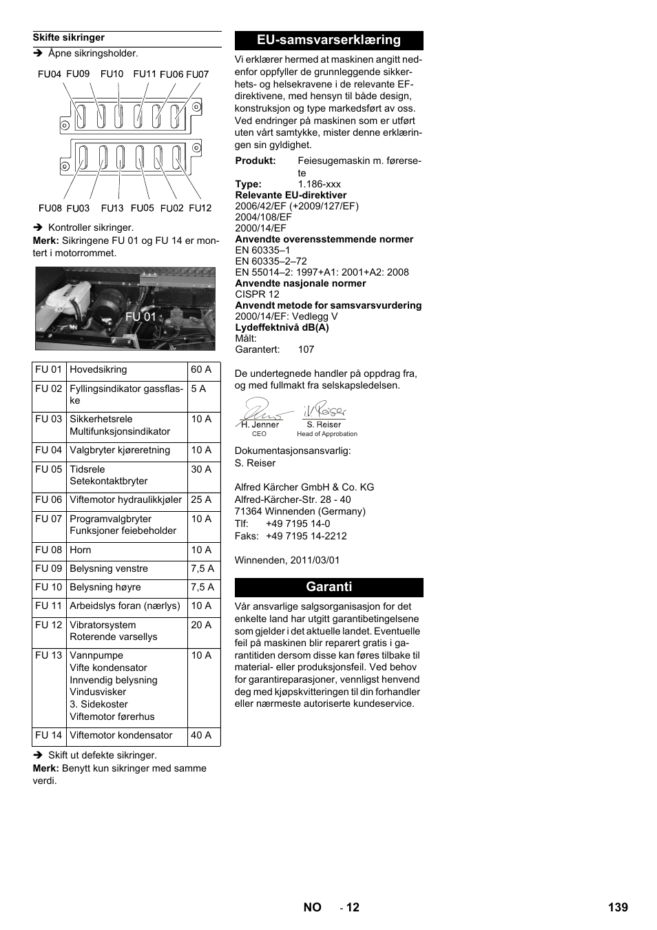 Eu-samsvarserklæring, Garanti | Karcher KM 150-500 LPG User Manual | Page 139 / 457