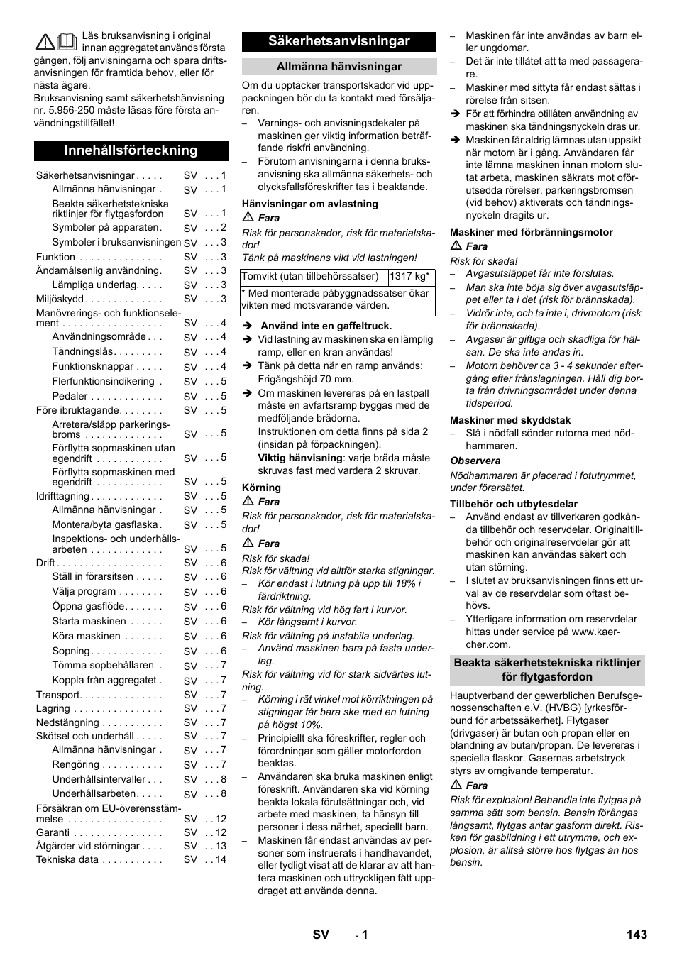 Svenska, Innehållsförteckning, Säkerhetsanvisningar | Karcher KM 150-500 LPG User Manual | Page 143 / 457