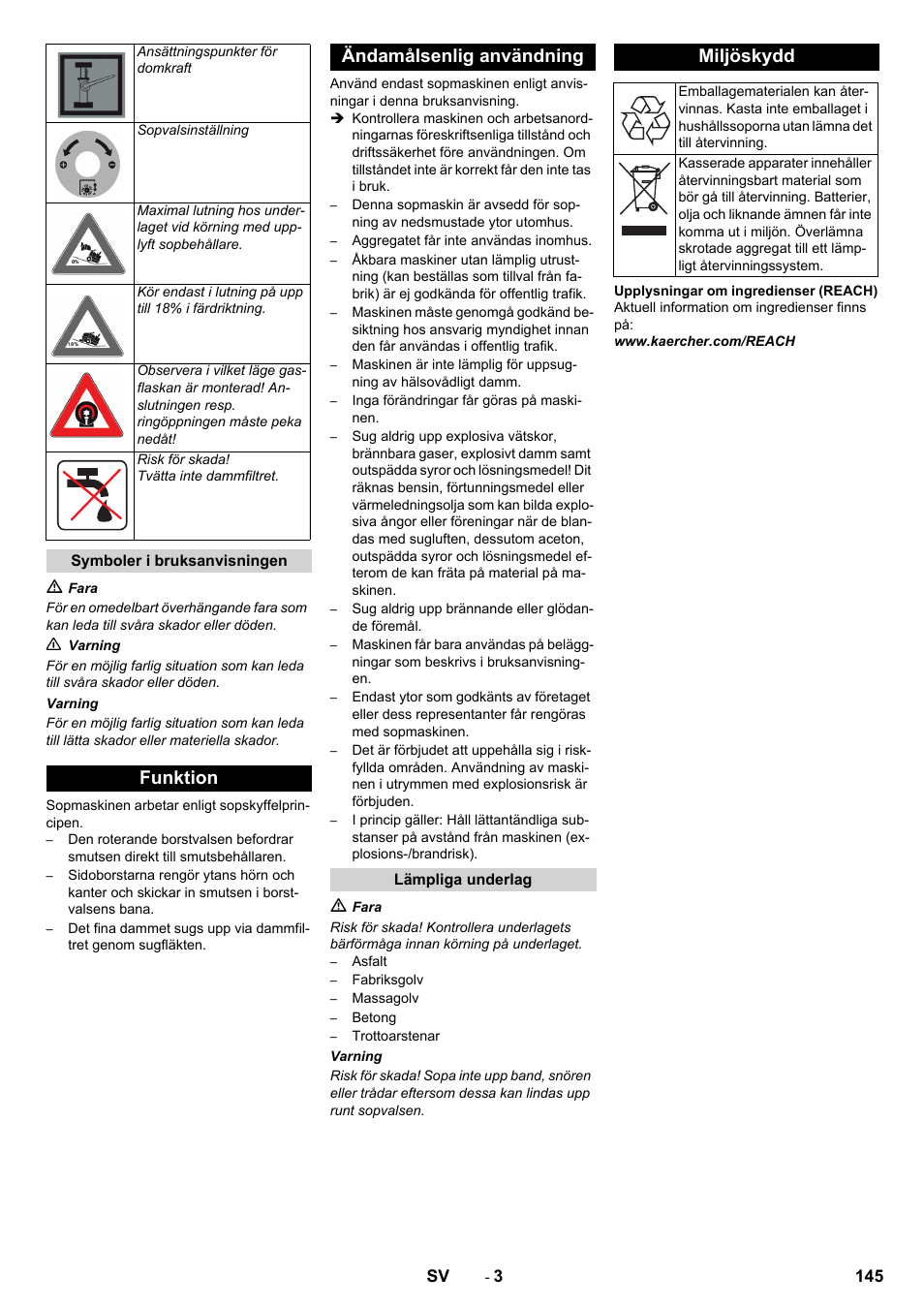 Funktion ändamålsenlig användning, Miljöskydd | Karcher KM 150-500 LPG User Manual | Page 145 / 457