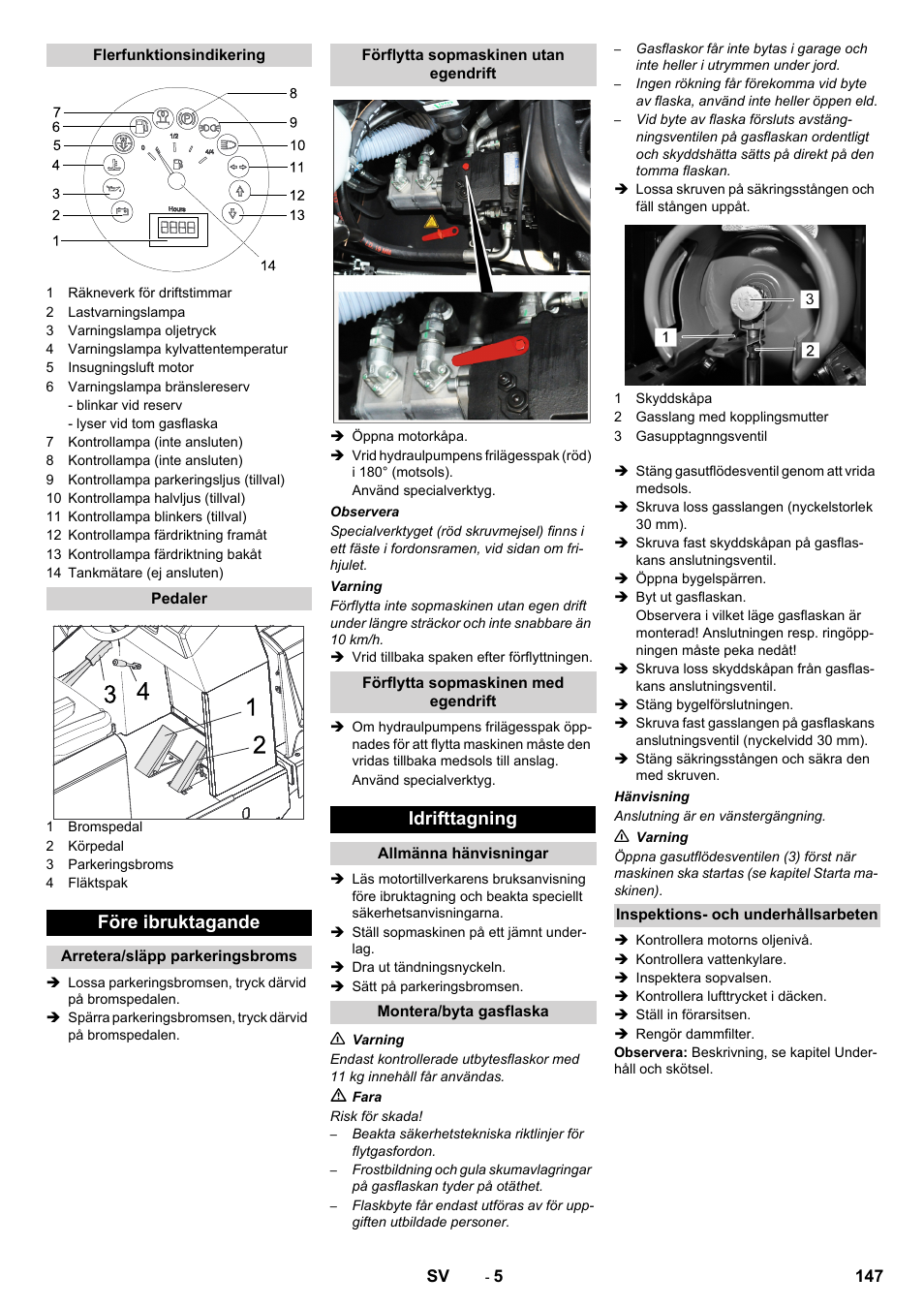 Före ibruktagande, Idrifttagning | Karcher KM 150-500 LPG User Manual | Page 147 / 457