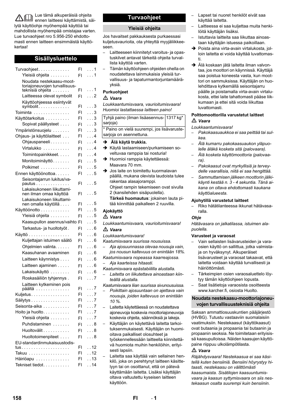 Suomi, Sisällysluettelo, Turvaohjeet | Karcher KM 150-500 LPG User Manual | Page 158 / 457