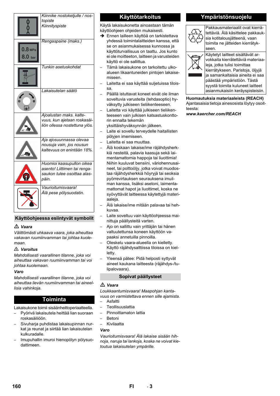 Toiminta käyttötarkoitus, Ympäristönsuojelu | Karcher KM 150-500 LPG User Manual | Page 160 / 457