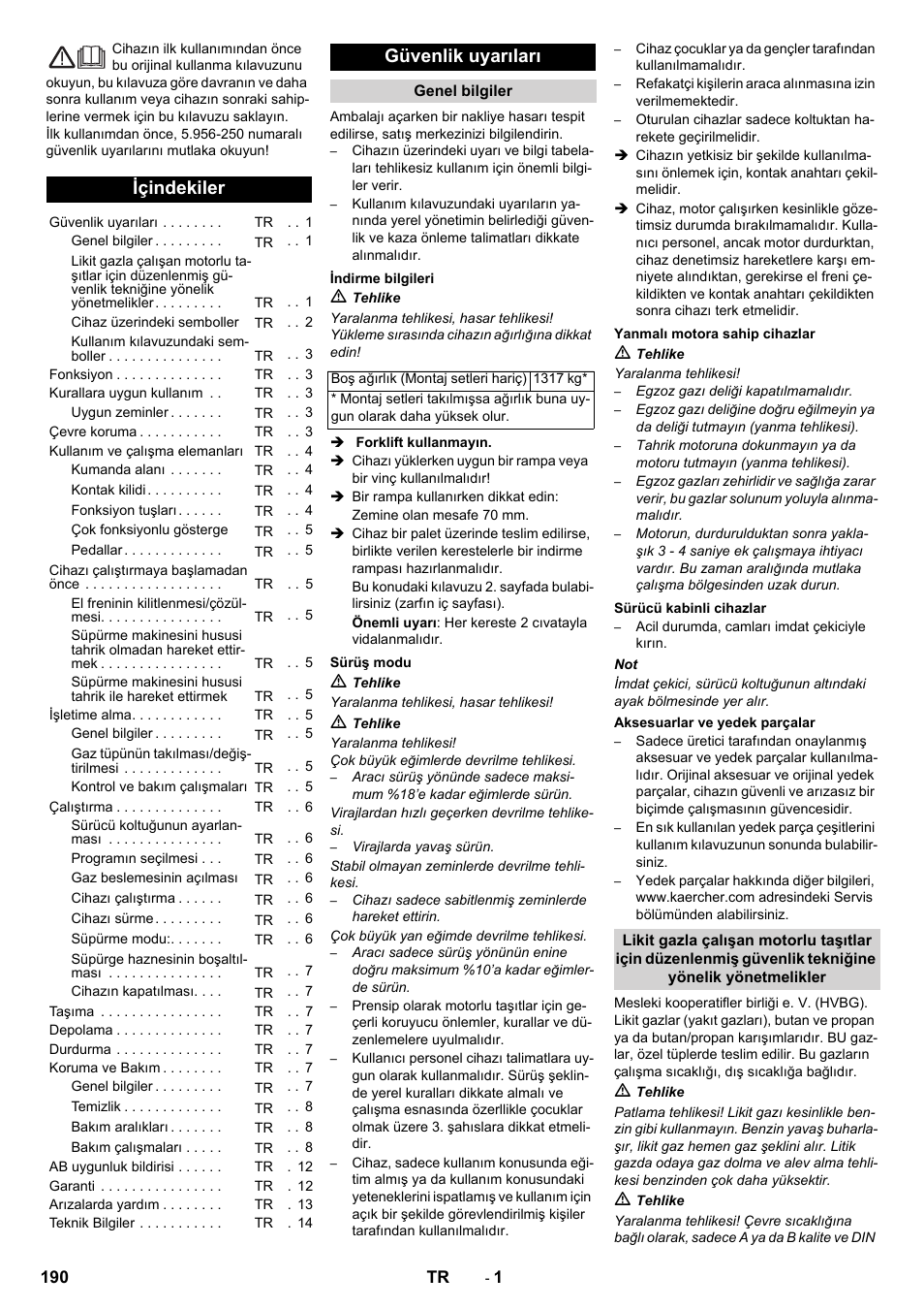 Türkçe, Içindekiler, Güvenlik uyarıları | Karcher KM 150-500 LPG User Manual | Page 190 / 457
