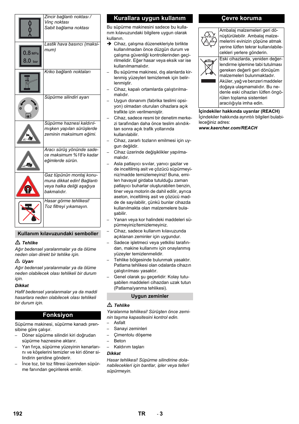 Fonksiyon kurallara uygun kullanım, Çevre koruma | Karcher KM 150-500 LPG User Manual | Page 192 / 457