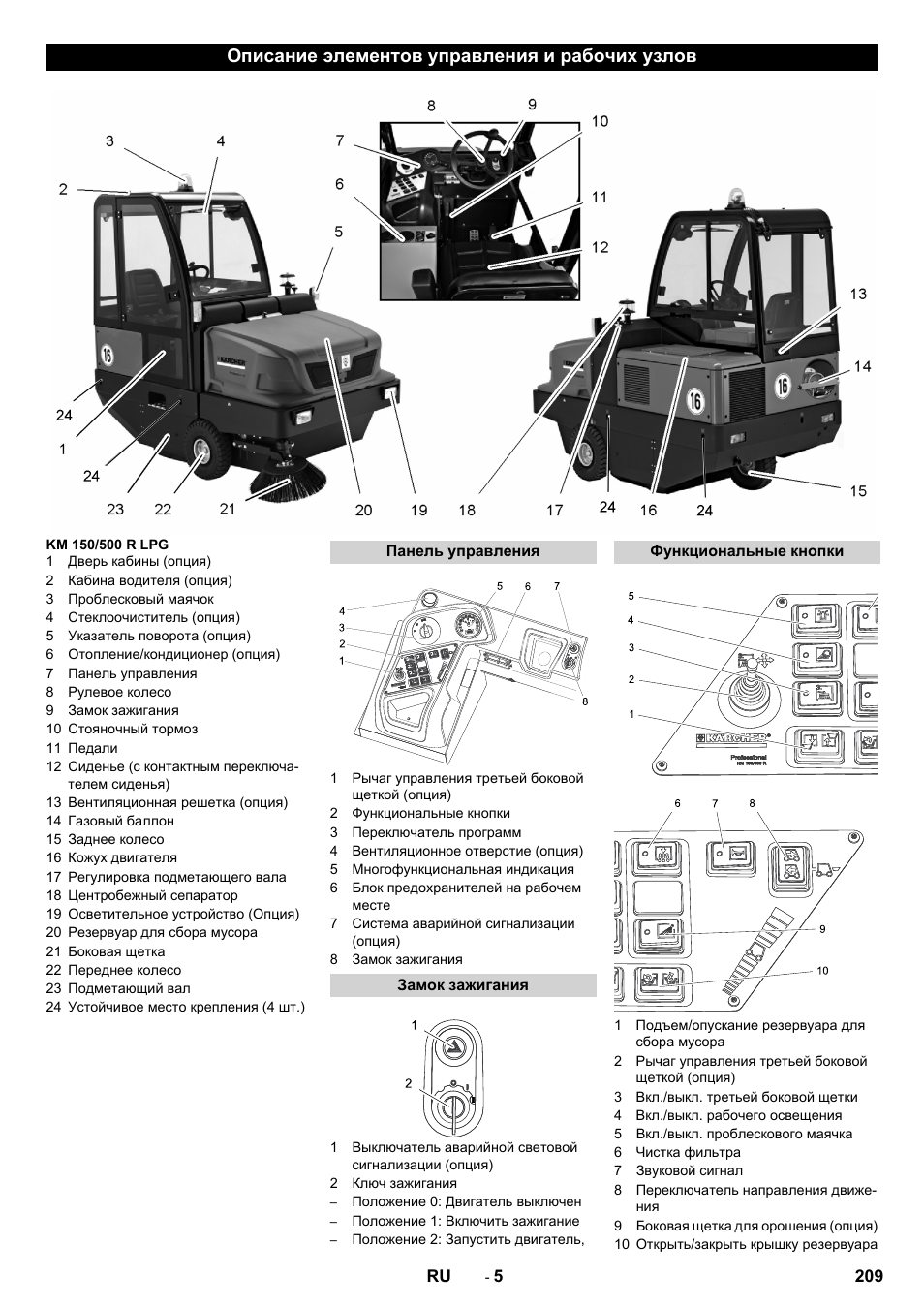 Описание элементов управления и рабочих узлов | Karcher KM 150-500 LPG User Manual | Page 209 / 457