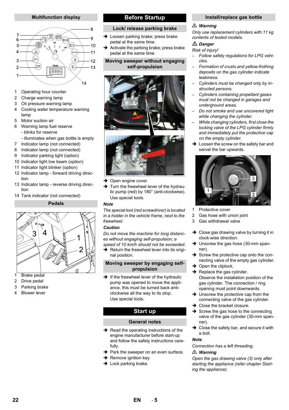 Before startup, Start up | Karcher KM 150-500 LPG User Manual | Page 22 / 457