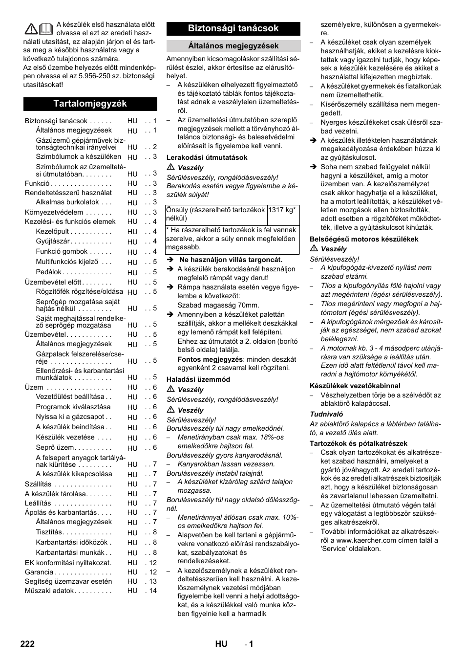 Magyar, Tartalomjegyzék, Biztonsági tanácsok | Karcher KM 150-500 LPG User Manual | Page 222 / 457