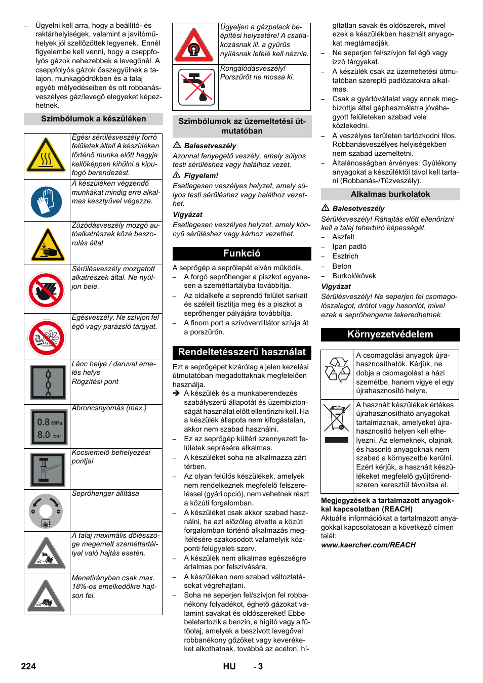 Funkció rendeltetésszerű használat, Környezetvédelem | Karcher KM 150-500 LPG User Manual | Page 224 / 457