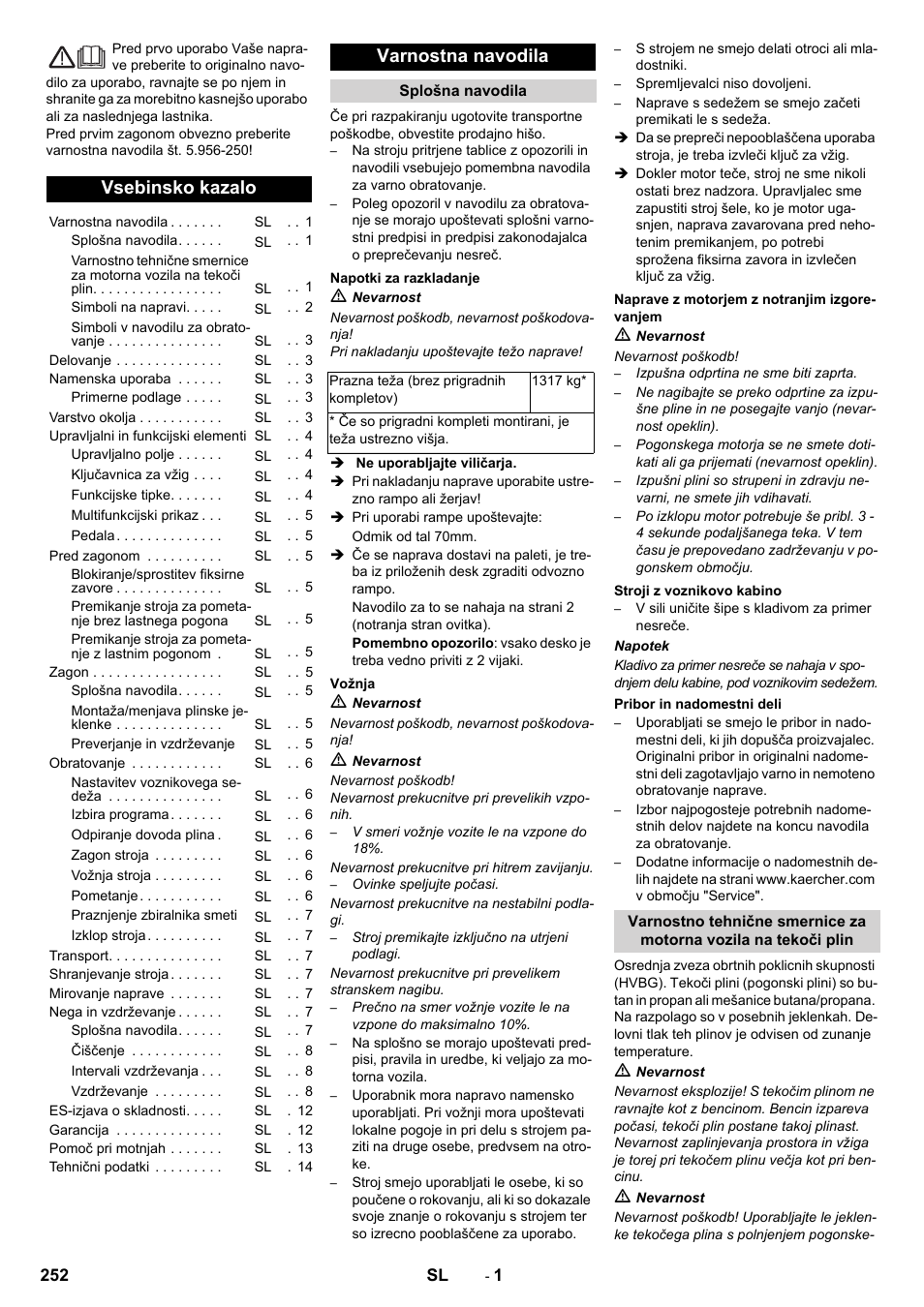 Slovenščina, Vsebinsko kazalo, Varnostna navodila | Karcher KM 150-500 LPG User Manual | Page 252 / 457