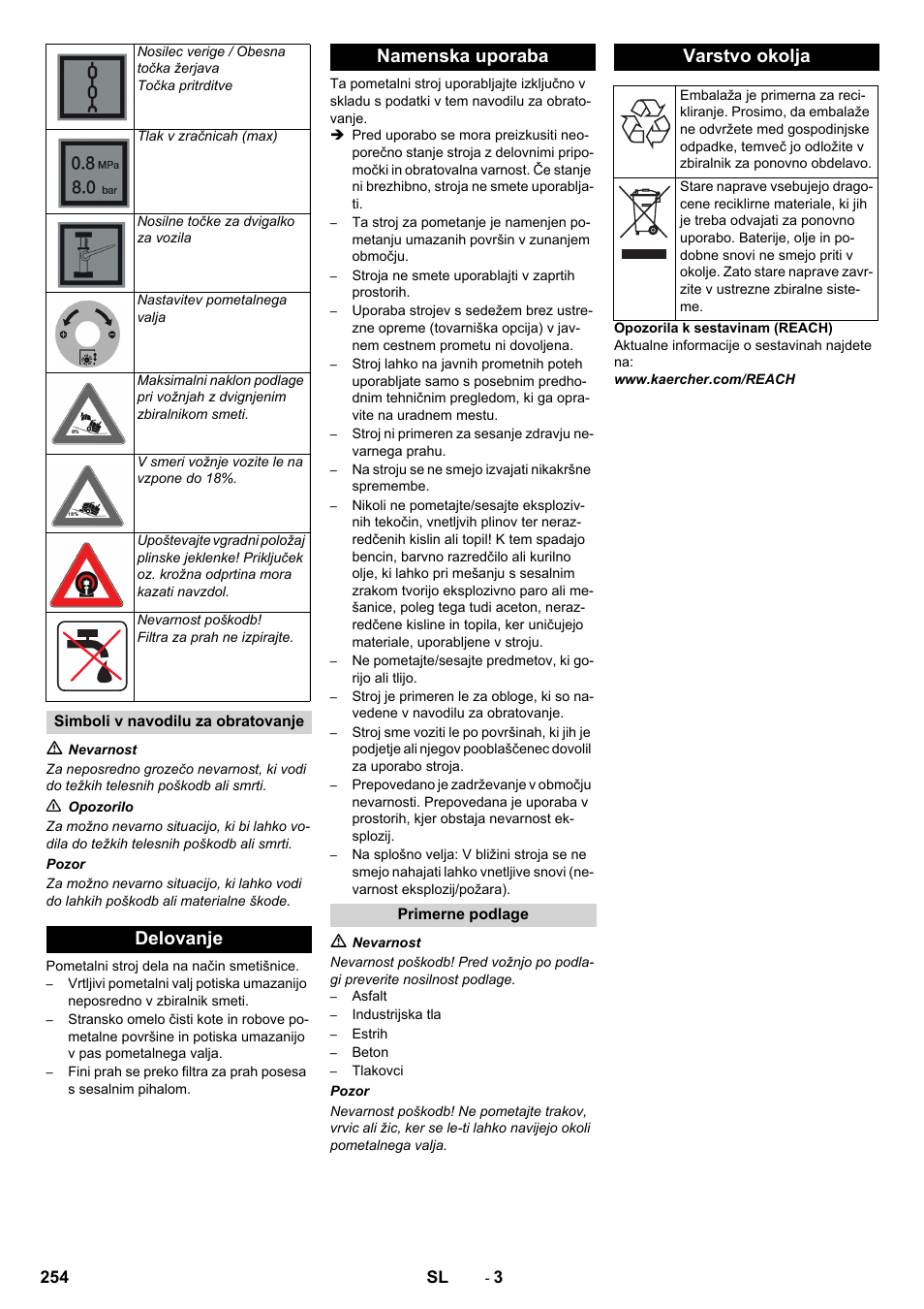 Delovanje namenska uporaba, Varstvo okolja | Karcher KM 150-500 LPG User Manual | Page 254 / 457