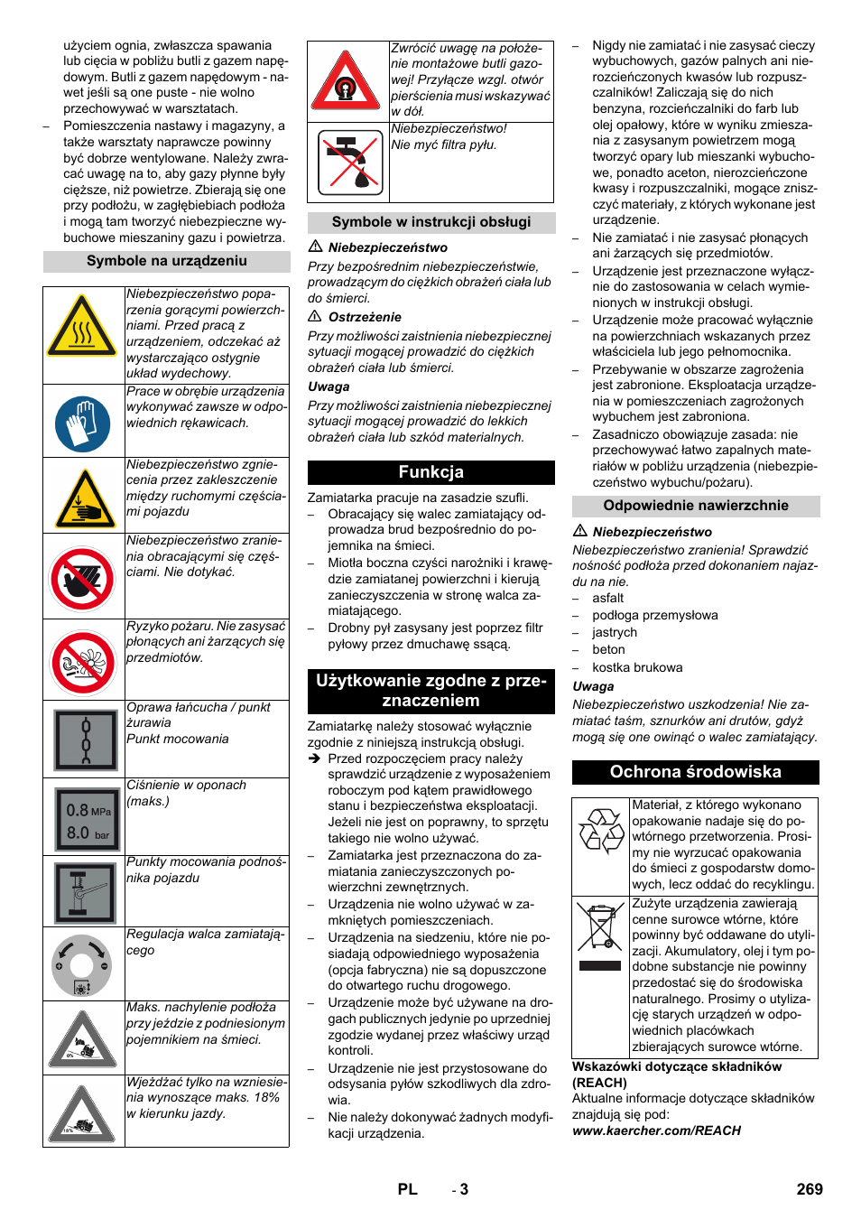 Funkcja użytkowanie zgodne z prze- znaczeniem, Ochrona środowiska | Karcher KM 150-500 LPG User Manual | Page 269 / 457
