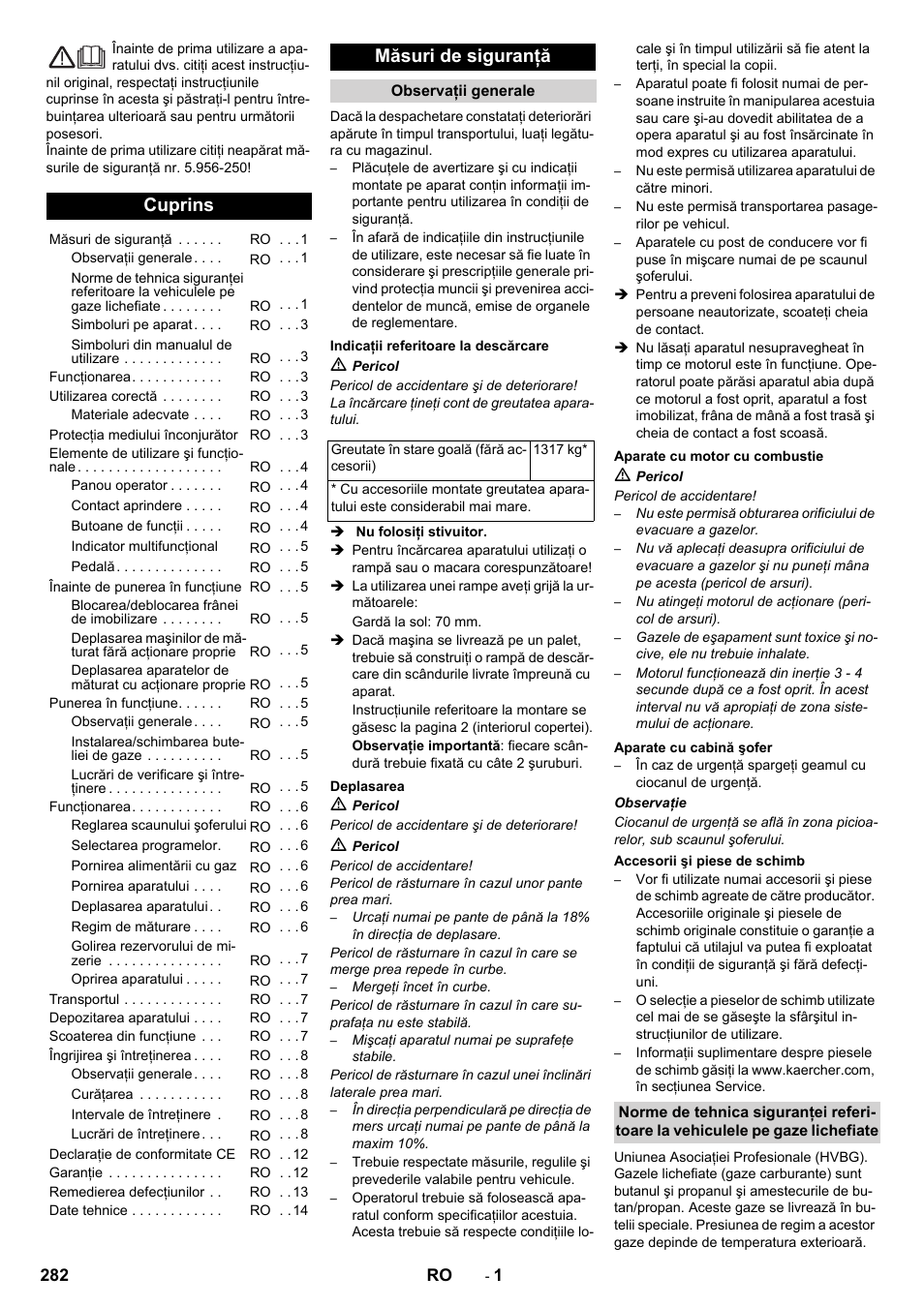 Româneşte, Cuprins, Măsuri de siguranţă | Karcher KM 150-500 LPG User Manual | Page 282 / 457