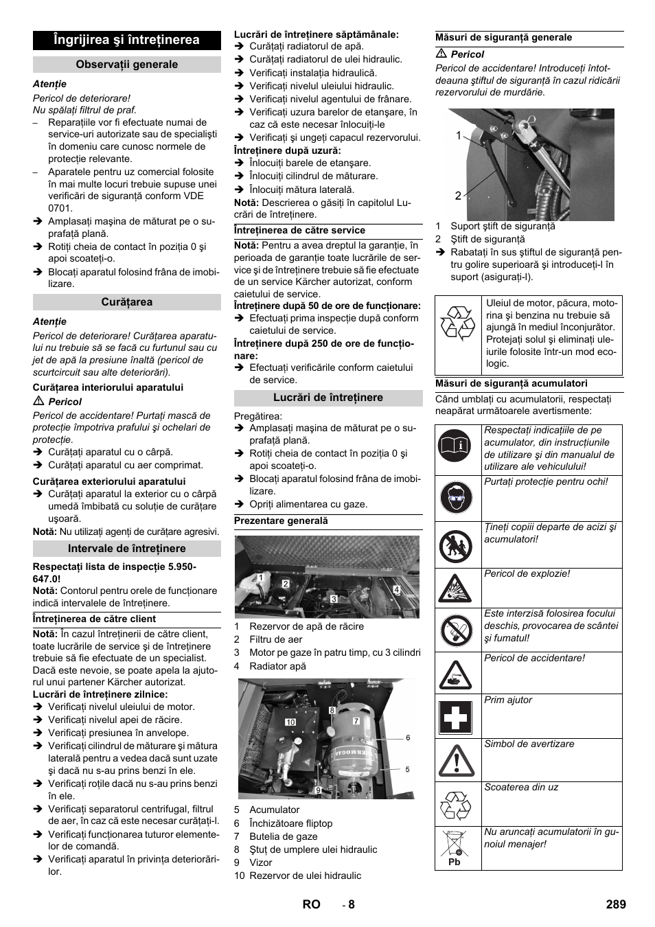 Îngrijirea şi întreţinerea | Karcher KM 150-500 LPG User Manual | Page 289 / 457