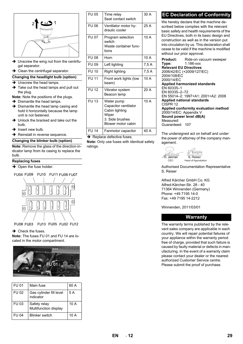 Ec declaration of conformity, Warranty | Karcher KM 150-500 LPG User Manual | Page 29 / 457