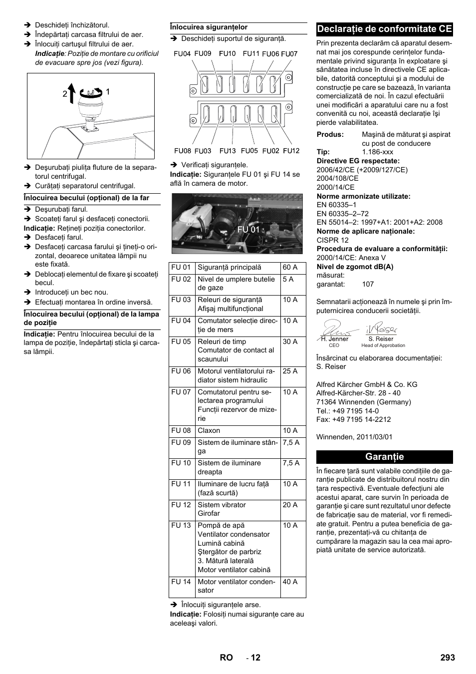 Declaraţie de conformitate ce, Garanţie | Karcher KM 150-500 LPG User Manual | Page 293 / 457