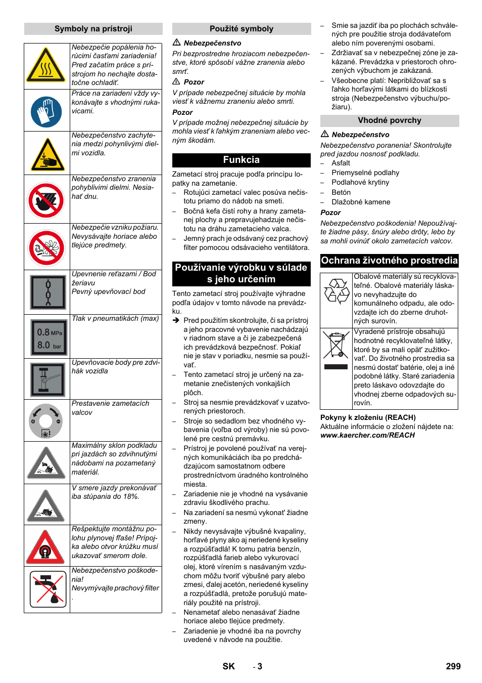 Funkcia používanie výrobku v súlade s jeho určením, Ochrana životného prostredia | Karcher KM 150-500 LPG User Manual | Page 299 / 457