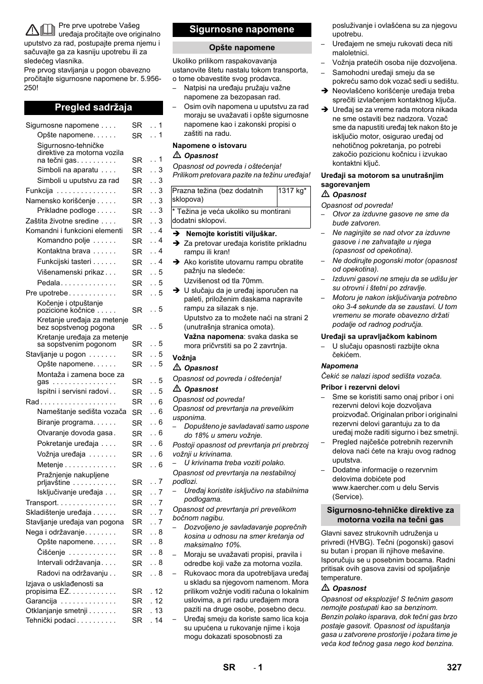 Srpski, Pregled sadržaja, Sigurnosne napomene | Karcher KM 150-500 LPG User Manual | Page 327 / 457