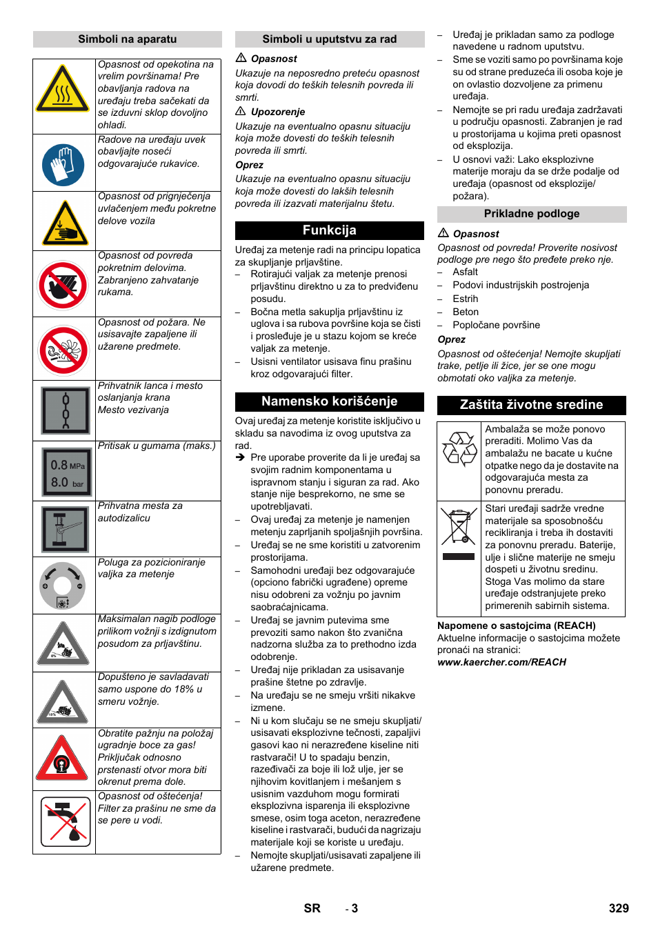 Funkcija namensko korišćenje, Zaštita životne sredine | Karcher KM 150-500 LPG User Manual | Page 329 / 457