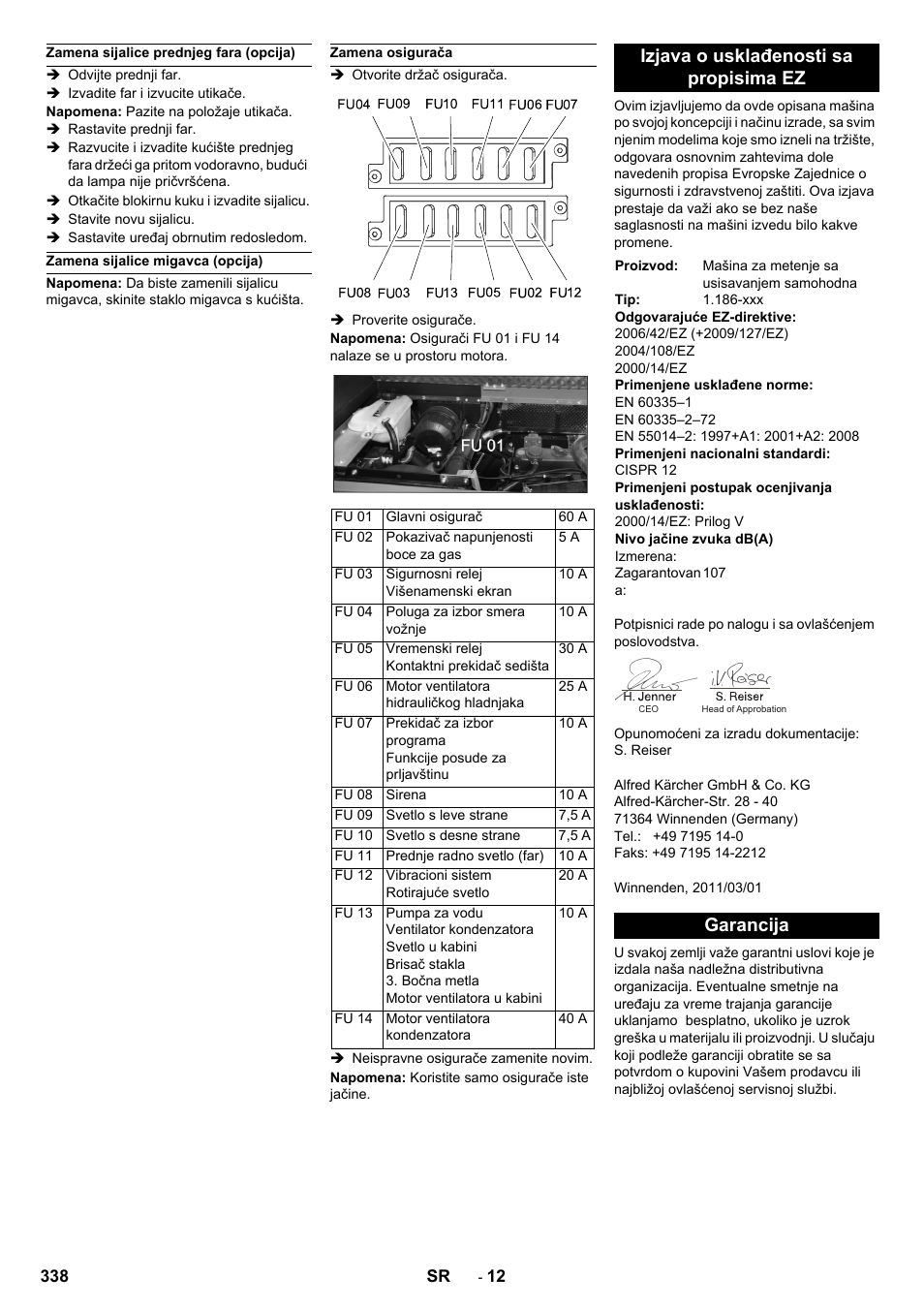 Izjava o usklađenosti sa propisima ez, Garancija | Karcher KM 150-500 LPG User Manual | Page 338 / 457