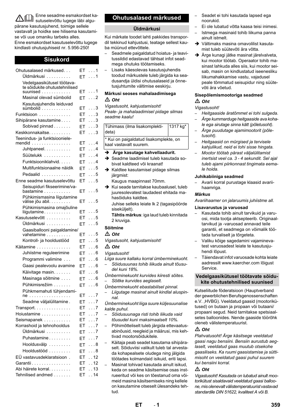 Eesti, Sisukord, Ohutusalased märkused | Karcher KM 150-500 LPG User Manual | Page 359 / 457