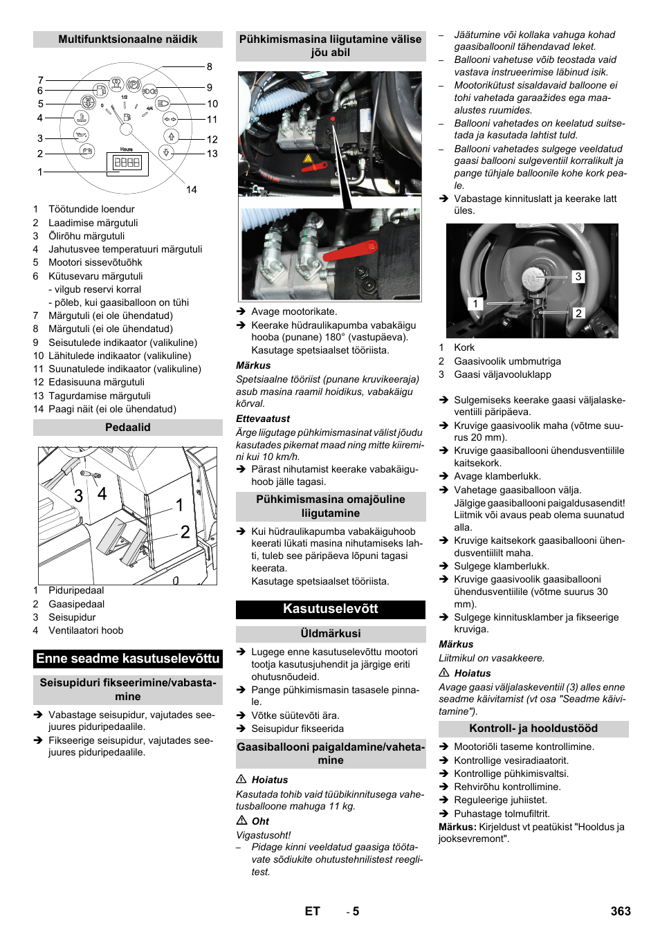 Enne seadme kasutuselevõttu, Kasutuselevõtt | Karcher KM 150-500 LPG User Manual | Page 363 / 457