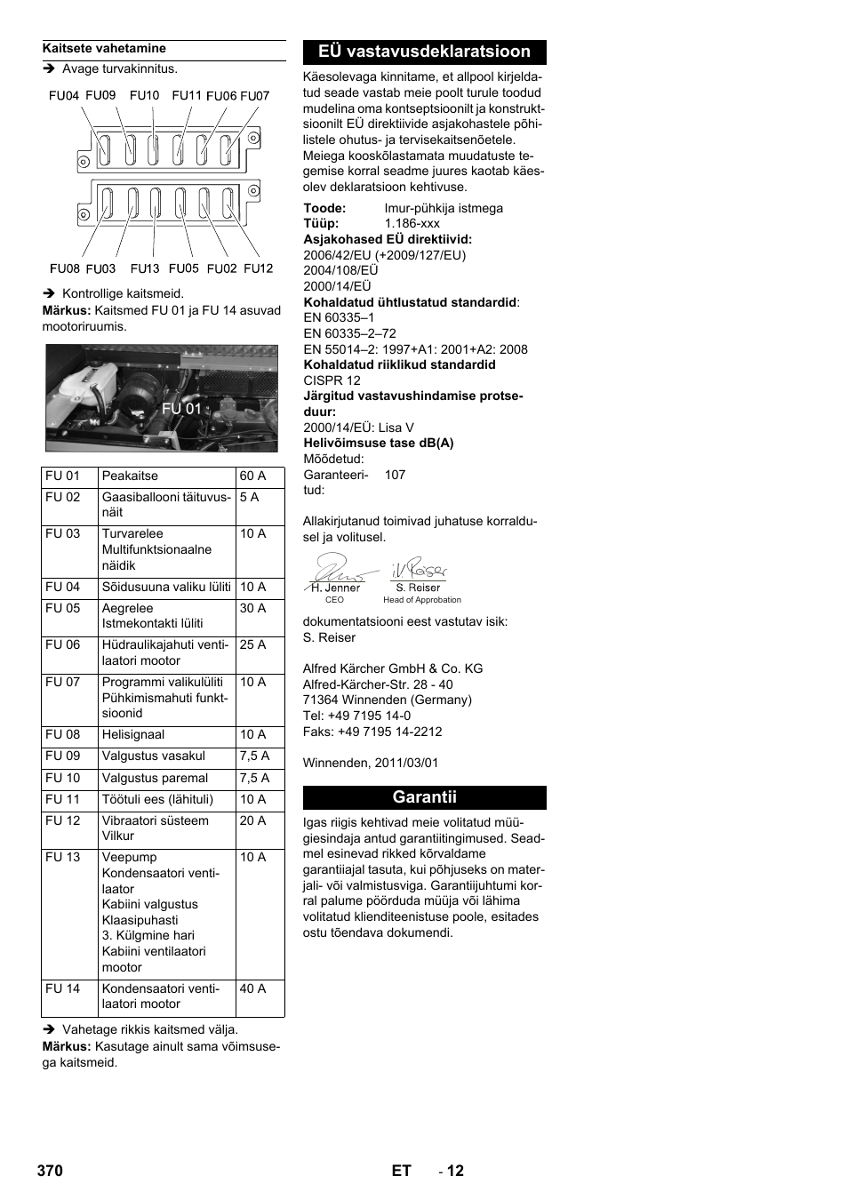 Eü vastavusdeklaratsioon, Garantii | Karcher KM 150-500 LPG User Manual | Page 370 / 457