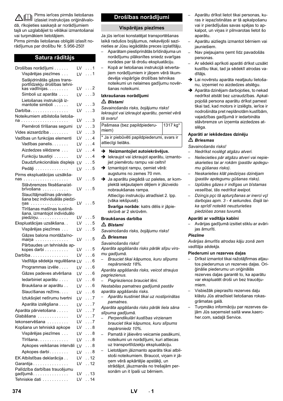 Latviešu, Satura rādītājs, Drošības norādījumi | Karcher KM 150-500 LPG User Manual | Page 374 / 457