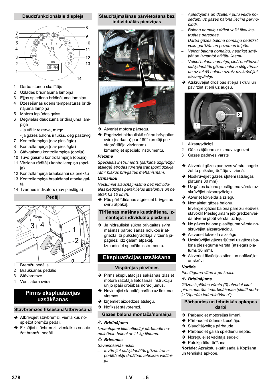 Pirms ekspluatācijas uzsākšanas, Ekspluatācijas uzsākšana | Karcher KM 150-500 LPG User Manual | Page 378 / 457