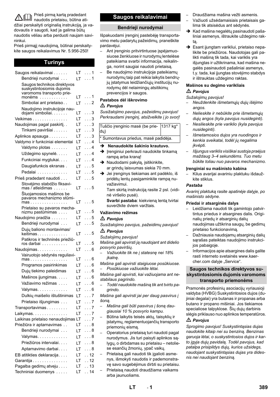 Lietuviškai, Turinys, Saugos reikalavimai | Karcher KM 150-500 LPG User Manual | Page 389 / 457