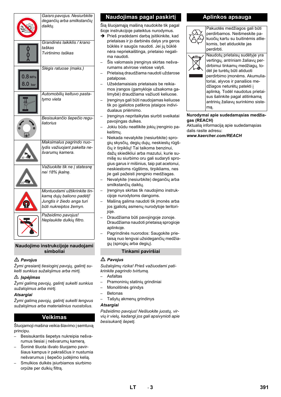 Veikimas naudojimas pagal paskirtį, Aplinkos apsauga | Karcher KM 150-500 LPG User Manual | Page 391 / 457