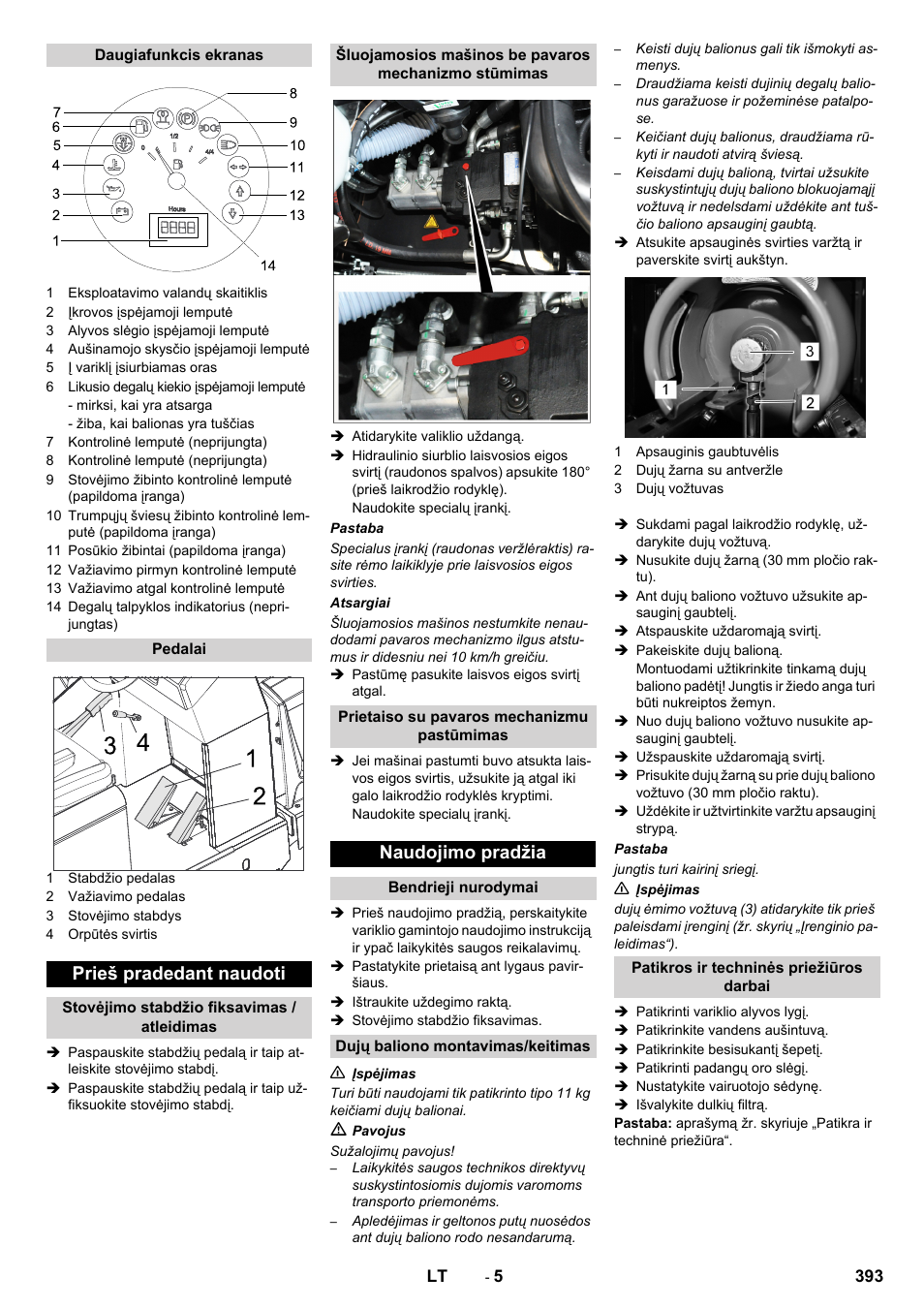 Prieš pradedant naudoti, Naudojimo pradžia | Karcher KM 150-500 LPG User Manual | Page 393 / 457