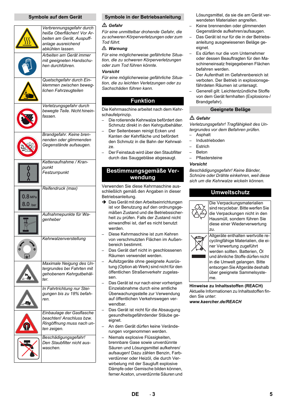 Funktion bestimmungsgemäße ver- wendung, Umweltschutz | Karcher KM 150-500 LPG User Manual | Page 5 / 457