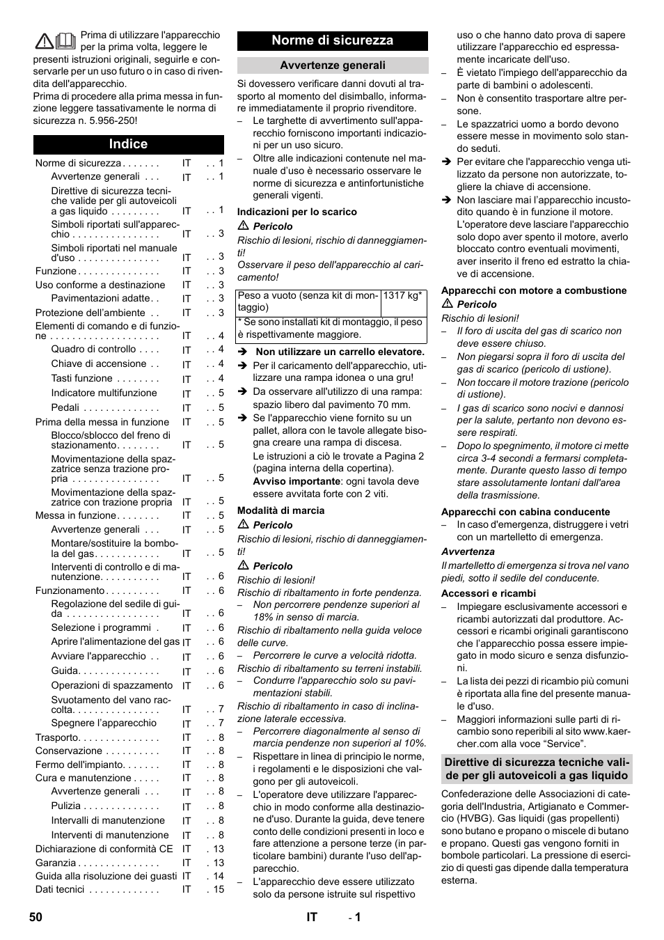 Italiano, Indice, Norme di sicurezza | Karcher KM 150-500 LPG User Manual | Page 50 / 457