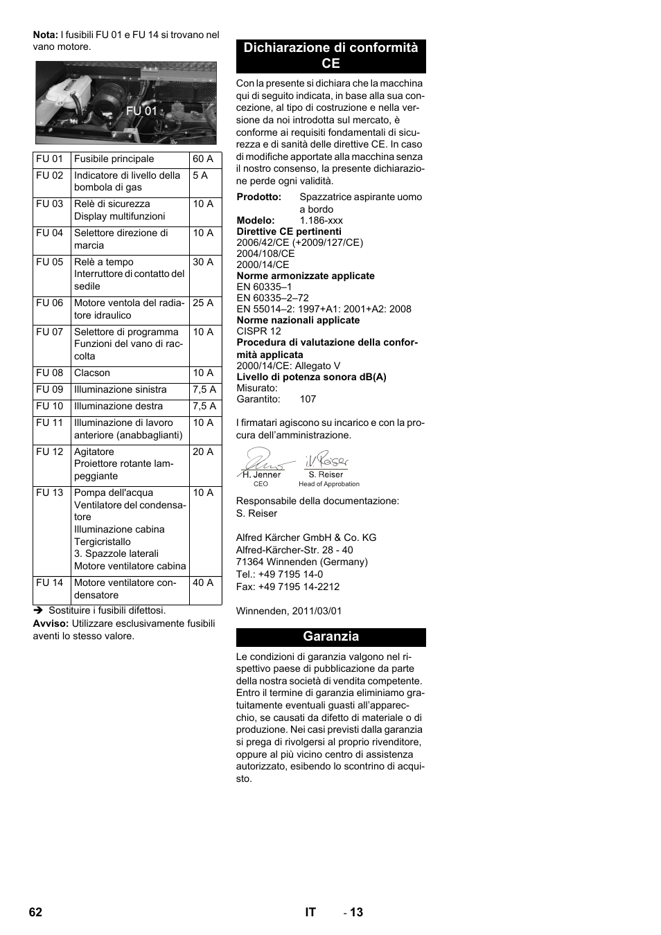 Dichiarazione di conformità ce, Garanzia | Karcher KM 150-500 LPG User Manual | Page 62 / 457