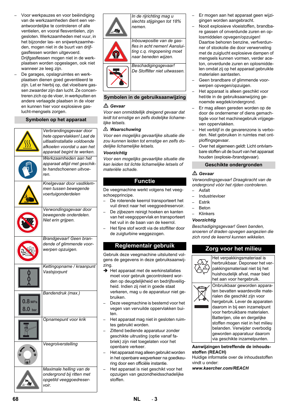 Functie reglementair gebruik, Zorg voor het milieu | Karcher KM 150-500 LPG User Manual | Page 68 / 457