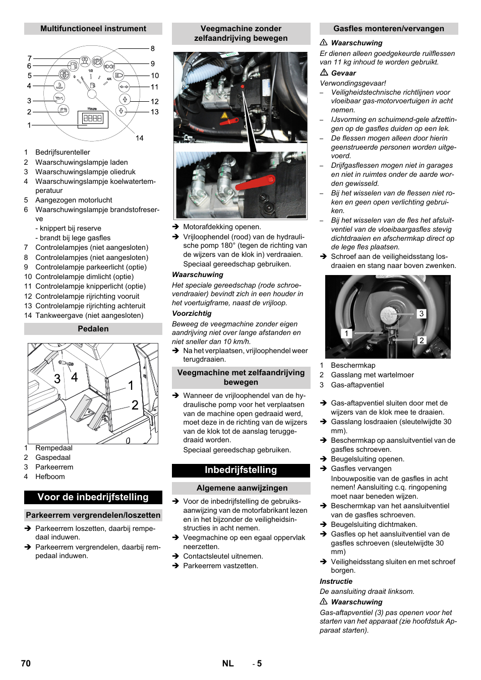 Voor de inbedrijfstelling, Inbedrijfstelling | Karcher KM 150-500 LPG User Manual | Page 70 / 457