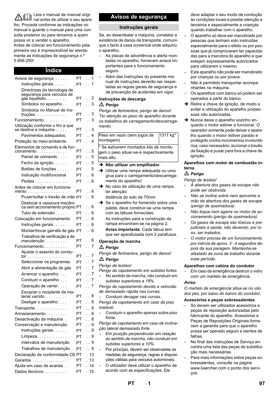 Português, Índice, Avisos de segurança | Karcher KM 150-500 LPG User Manual | Page 97 / 457