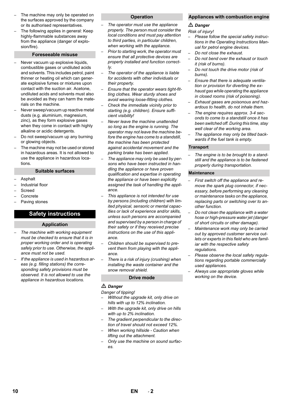 Safety instructions, 10 en | Karcher KM 80 W P User Manual | Page 10 / 196