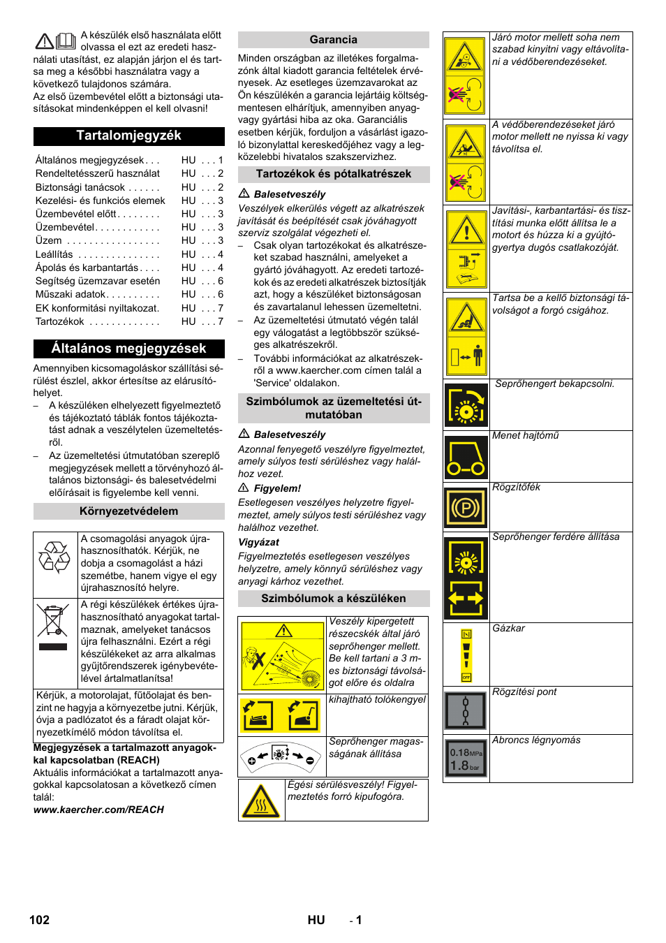 Magyar, Tartalomjegyzék, Általános megjegyzések | Karcher KM 80 W P User Manual | Page 102 / 196